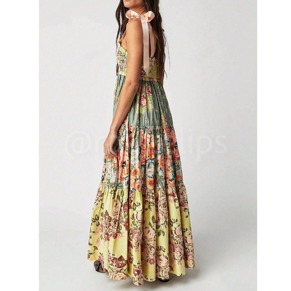 Floral Boho Maxi Flared Dress Shoulder Ties Smocked Shirred Bodice - Picture 6 of 12